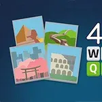 4枚の絵と「4Pix WORD QUIZ」という文字が描かれた青い背景の画像。