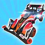 赤と白のスポーツカーが青い背景の上に描かれています。