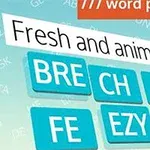 単語パズルのピースが青い背景に配置され、「Fresh and animated