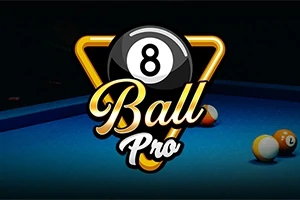 青いビリヤードテーブルの上に「8 Ball Pro」と書かれた黒い8ボールと黄色の三角形のロゴが配置されている。