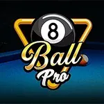 青いビリヤードテーブルの上に「8 Ball Pro」と書かれた黒い8ボールと黄色の三角形のロゴが配置されている。
