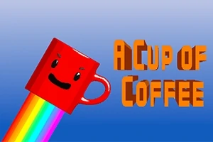 赤い顔のついたコーヒーカップが虹の線とともに空に浮かび、「A CUP OF COFFEE」という文字が横にあるイラスト。