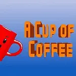 赤い顔のついたコーヒーカップが虹の線とともに空に浮かび、「A CUP OF COFFEE」という文字が横にあるイラスト。