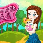 公園の風景を背景に、赤ちゃんを抱っこしている若い女性のイラスト。