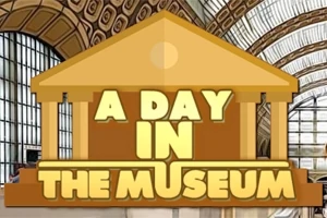 博物館の背景に「A DAY IN THE MUSEUM」と書かれた建物のロゴ。
