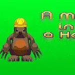 緑色の背景に、ヘルメットをかぶったモグラのイラストと「A MOLE IN A HOLE」という文字。