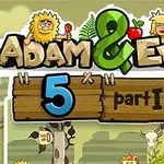男女のキャラクターと動物が描かれた、緑色の背景に「5 part II」と書かれた木製の看板があるイラスト。