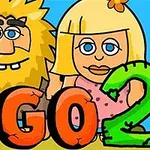 金髪の男性と女性が並んで立ち、「GO2」と書かれた文字が前に描かれているカートゥーン風のイラスト。