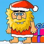サンタ帽をかぶったひげのあるキャラクターが、プレゼントの山の隣に立っているイラスト。