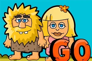 陽気な表情の髭を生やしたキャラクターとブロンドの女性キャラクターが並んで立ち、足元に「GO」という文字が描かれているイラスト。