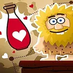 黄色の髪を持つキャラクターとハートマークのついた赤いポーションが描かれたカートゥーン風イラスト。