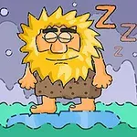 マンガ風の眠っている毛むくじゃらのキャラクターが水の上に立っている。