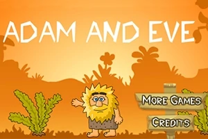 キャラクターが夕焼けの背景で立っており、タイトル「ADAM AND EVE」とメニューオプションが表示されています。