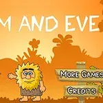 キャラクターが夕焼けの背景で立っており、タイトル「ADAM AND EVE」とメニューオプションが表示されています。
