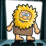 黄色い髪と髭を持つマンガ風のキャラクターが、開いたドアの前に立っています。