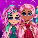色とりどりの髪型とドレスを着た3人のアニメ風キャラクターが並んで立っている。