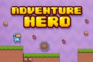 紫の背景に黄色の文字で「ADVENTURE HERO」と書かれ、青いキャラクター、いちご、スパイクが描かれている。