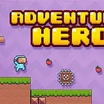 紫の背景に黄色の文字で「ADVENTURE HERO」と書かれ、青いキャラクター、いちご、スパイクが描かれている。