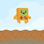 顔のあるオレンジ色のキャラクターが空中にジャンプしている様子。