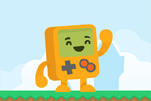 オレンジ色のゲーム機のキャラクターが青空の下、緑の草の上で手を振っているイラスト。