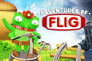 緑色のキャラクターが乗り物に乗っているイラストで、背景に青空と建物が見える。