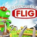緑色のキャラクターが乗り物に乗っているイラストで、背景に青空と建物が見える。