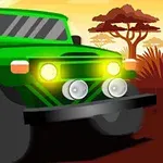 緑色の四輪駆動車がサバンナの背景を走っているイラスト。