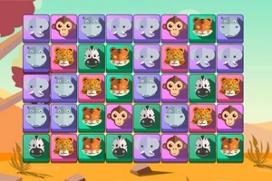 カラフルな背景にサル、サイ、ゾウ、トラ、チーター、シマウマの動物のイラストが並んだ正方形のグリッド。
