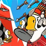 赤と青の背景で、インディアンの装いをしたアヒルたちが弓矢を構えて対峙しているイラスト。