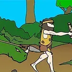 緑の恐竜に乗った原始人とその隣を歩く原始人が描かれたイラスト。