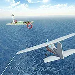 海上を飛行する軽飛行機と、遠くに見える灯台がある小島。