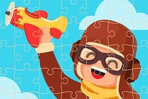 パズルのピースとして描かれた、飛行帽とゴーグルを着けておもちゃの飛行機を持つ子供のイラスト。