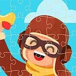 パズルのピースとして描かれた、飛行帽とゴーグルを着けておもちゃの飛行機を持つ子供のイラスト。