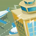滑走路のある空港に停まっている二機の飛行機と管制塔。