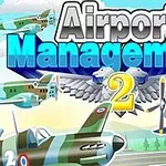 クラシックな軍用機が飛行する空港の背景に「Airport Management 2」のタイトル。