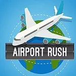 青い背景に地球の上を飛ぶ白い飛行機と「AIRPORT RUSH」の文字。