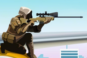 フードをかぶった兵士がスナイパーライフルを構えている。