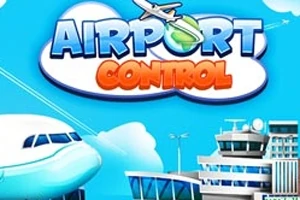青空の背景に、飛行機のイラストと空港の管制塔や建物が描かれている。
