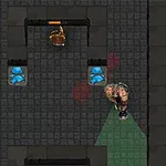 グリッドパターンのタイル床に立つ二人のキャラクターと、中央に配置された青い石のブロック。