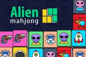 エイリアンや宇宙船、レーザーガンのイラストが描かれたカラフルな正方形のブロックが並んでいる画像。