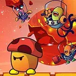 宇宙服を着た3体のカラフルなキャラクターと怒った表情のキノコが浮かぶ赤い惑星の前にいるイラスト。