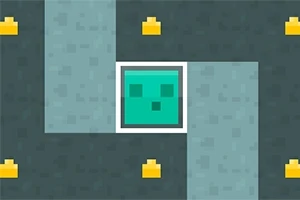 緑色のスライムブロックが灰色の壁で囲まれた背景にあり、周囲に金色の小さなオブジェクトが配置されている。