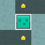 緑色のスライムブロックが灰色の壁で囲まれた背景にあり、周囲に金色の小さなオブジェクトが配置されている。