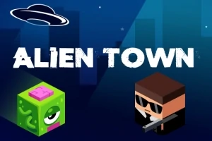 UFOと建物のシルエットを背景に、サングラスをかけたキャラクターと緑色の一つ目のキャラクターが配置されている。