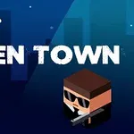 UFOと建物のシルエットを背景に、サングラスをかけたキャラクターと緑色の一つ目のキャラクターが配置されている。