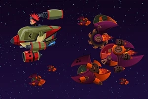 宇宙空間で戦う宇宙船と敵の艦隊のイラスト。