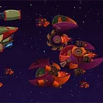 宇宙空間で戦う宇宙船と敵の艦隊のイラスト。
