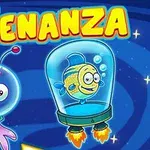 カラフルな文字で「ALIENANZA」と書かれたタイトルの下に、宇宙空間を背景にしたヘルメットを被った紫色のエイリアンと黄色の魚が描かれているイラスト。