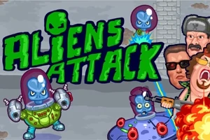 緑色の「ALIENS ATTACK」の文字と頭にヘルメットをかぶった青いエイリアンたちが、銃や炎を持った人間たちと対峙しているイラスト。