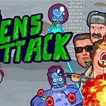 緑色の「ALIENS ATTACK」の文字と頭にヘルメットをかぶった青いエイリアンたちが、銃や炎を持った人間たちと対峙しているイラスト。